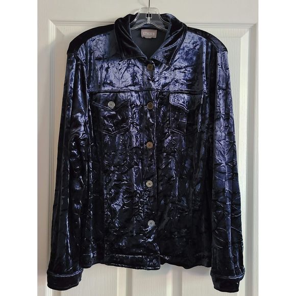 Chico's Tops - CHICO'S Blue Crushed Velvet Stretch Shirt Jacket L